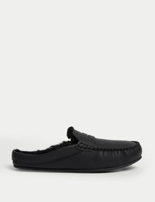 

Mens Autograph Leather Moccasin Mule Slippers with Freshfeet™ - Black, Black