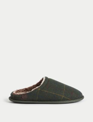 

Mens M&S Collection Wool Lined Heritage Tweed Mule Slippers with Freshfeet™ - Green, Green