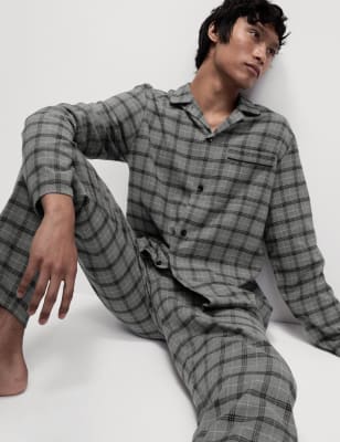 

Mens M&S Collection Brushed Cotton Checked Pyjama Set, Grey Mix