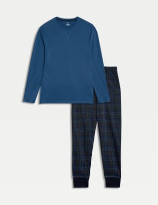 

Mens M&S Collection Pure Cotton Checked Pyjama Set - Blue Mix, Blue Mix