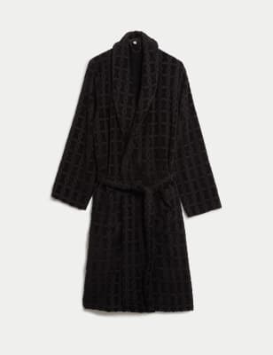 

JAEGER Mens Pure Cotton Velour Dressing Gown - Black Mix, Black Mix