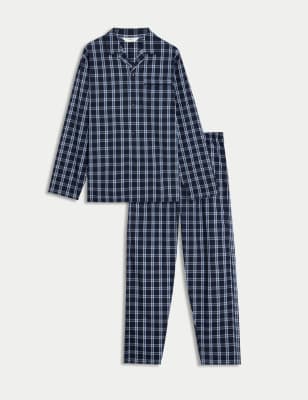 M&S Collection Men's Pure Cotton Checked Pyjama Set - L - Navy Mix, Navy Mix