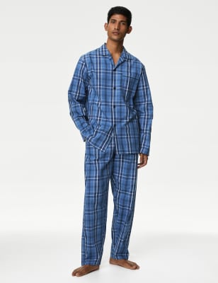 

Mens M&S Collection Pure Cotton Checked Pyjama Set - Blue Mix, Blue Mix