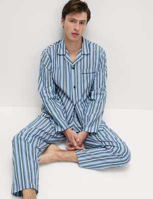 Marks Spencer Pure Cotton Striped Pyjama Set Blue Mix M