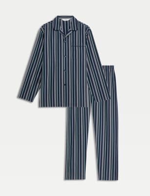 

Mens M&S Collection Pure Cotton Striped Pyjama Set - Blue Mix, Blue Mix