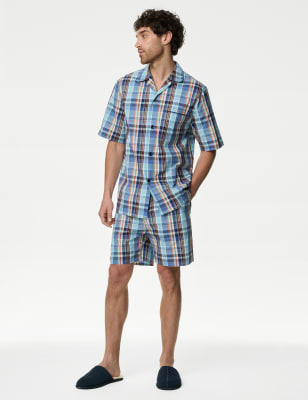 

Mens M&S Collection Pure Cotton Checked Pyjama Set - Blue Mix, Blue Mix