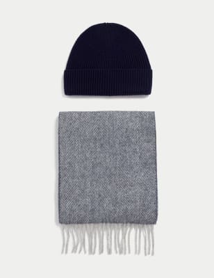 

Mens Autograph Pure Extra Fine Merino Wool Hat & Scarf Set - Navy Mix, Navy Mix