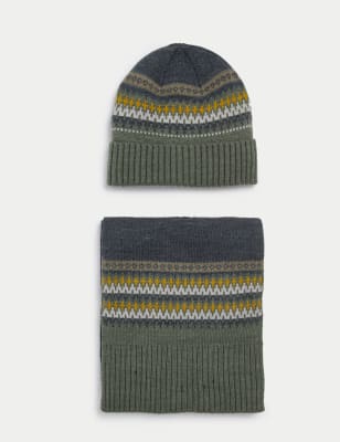 

Mens M&S Collection Set aus Strickmütze und Schal mit Norwegermuster - Green Mix, Green Mix