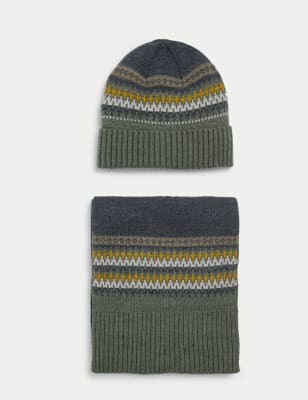 

Mens M&S Collection Fair Isle Knitted Hat and Scarf Set - Green Mix, Green Mix