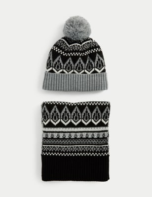 

Mens M&S Collection Fair Isle Knitted Hat and Scarf Set - Black Mix, Black Mix