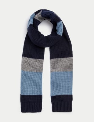 

Mens M&S Collection Gestreifter Strickschal - Blau Melange, Blau Melange