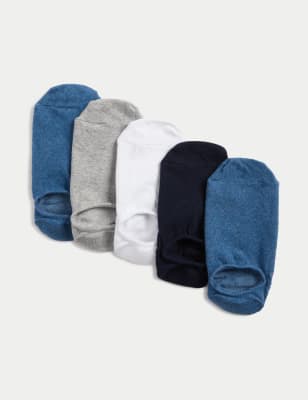 M&S Collection Men's 5pk Cool & Fresh Cotton Rich Invisible Trainer Liners - 6-8.5 - Blue Mix, Blu