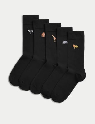 

M&S Collection Pack de 5 pares de calcetines Cool & Fresh™ de algodón con diseño de safariMens - Black Mix, Black Mix