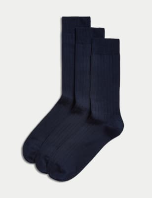 

Mens M&S Collection 3er-Pack Socken mit hohem Anteil an ägyptischer Baumwolle und Rippenmuster - Dark Navy, Dark Navy