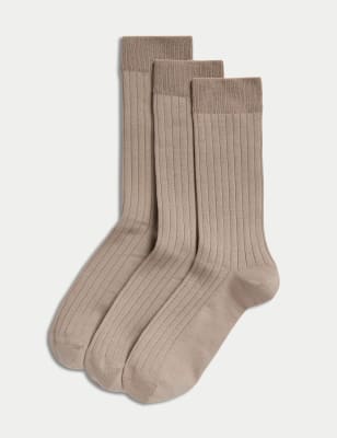 

Mens M&S Collection 3er-Pack Socken mit hohem Anteil an ägyptischer Baumwolle und Rippenmuster - Taupe, Taupe