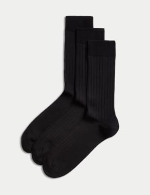 

Mens M&S Collection 3er-Pack Socken mit hohem Anteil an ägyptischer Baumwolle und Rippenmuster - Black, Black