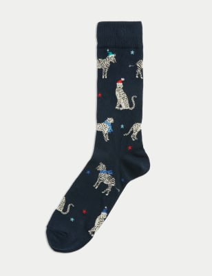 

Mens M&S Collection Cotton Rich Zebra Cheetah Christmas Socks - Navy Mix, Navy Mix