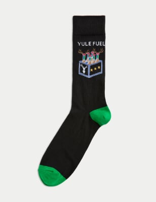 

Mens M&S Collection Cotton Rich Yule Fuel Christmas Socks - Black Mix, Black Mix