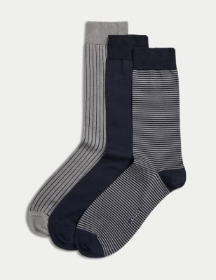 Jaeger Men's 3pk Striped Mercerised Cotton Rich Socks - 9-12 - Navy Mix, Navy Mix