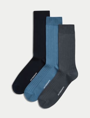 

Mens Autograph 3pk Egyptian Cotton Rich Ribbed Socks, Blue/Grey
