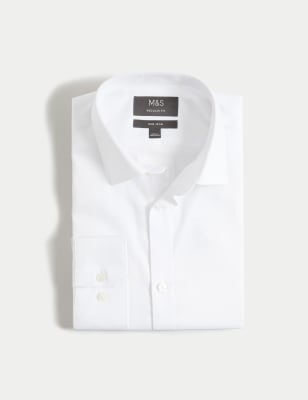 

Mens M&S Collection Normal geschnittenes, bügelfreies Hemd aus reiner Baumwolle mit Muster - White, White