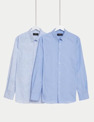 

Mens M&S Collection 2pk Regular Fit Easy Iron Floral Long Sleeve Shirts - Blue Mix, Blue Mix