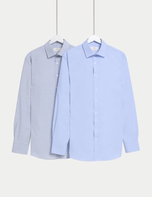 

Mens M&S Collection 2pk Regular Fit Easy Iron Cotton Blend Shirts, Blue Mix
