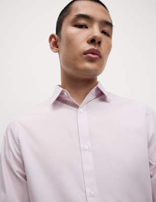 

Mens M&S Collection Bügelleichtes Hemd in normaler Passform aus Baumwollmischgewebe - Pink, Pink