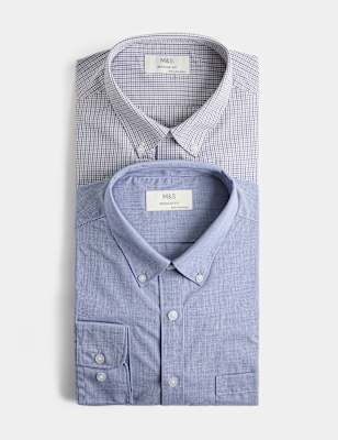 Mens M&S 2 Pack Regular Fit Easy Iron Check Shirts, Red Mix