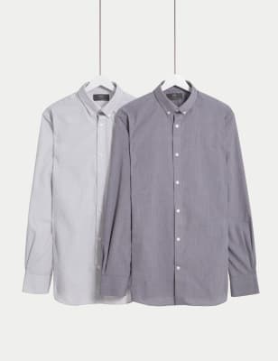 

Mens M&S Collection 2pk Slim Fit Easy Iron Gingham Shirts - Grey Mix, Grey Mix