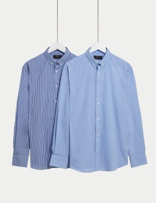 

Mens M&S Collection 2pk Regular Fit Easy Iron Long Sleeve Shirts - Blue Mix, Blue Mix