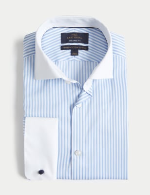 

Mens M&S SARTORIAL Tailored Fit Luxury Cotton Double Cuff Striped Shirt - Light Blue, Light Blue