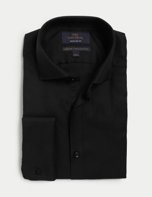 

Mens M&S SARTORIAL Regular Fit Pure Cotton Double Cuff Herringbone Shirt - Black, Black