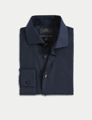

Mens M&S SARTORIAL Slim Fit Luxury Cotton Double Cuff Twill Shirt - Navy, Navy