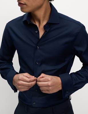 

Mens M&S SARTORIAL Slim Fit Luxury Cotton Double Cuff Twill Shirt, Navy