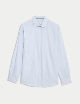 

Mens M&S Collection Regular Fit Easy Iron Pure Cotton Striped Shirt - Medium Blue Mix, Medium Blue Mix