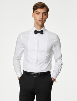 

Mens M&S Collection Tailored Fit Double Cuff Dress Shirt with Bow Tie - White, White