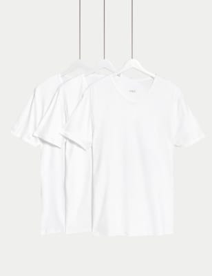 

Mens M&S Collection 3pk Essential Cotton V-Neck T-Shirt Vests - White, White