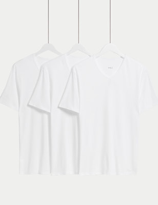 

Mens M&S Collection 3pk Essential Cotton V-Neck T-Shirt Vests - White, White