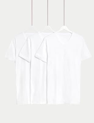 

Mens M&S Collection 3pk Pure Cotton V-Neck T-Shirt Vests - White, White