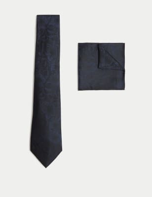 

Mens M&S Collection Floral Pure Silk Tie & Pocket Square Set - Navy, Navy