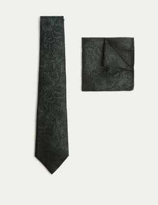 

Mens M&S Collection Floral Pure Silk Tie & Pocket Square Set - Dark Green, Dark Green