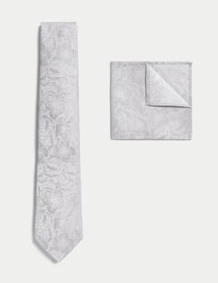 

M&S Collection Conjunto de pañuelo de bolsillo y corbata 100% seda floralMens - Plata, Plata
