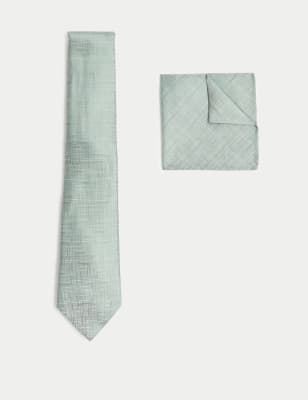 

M&S Collection Conjunto de pañuelo de bolsillo y corbata 100% seda texturizadoMens - Verde Salvia, Verde Salvia