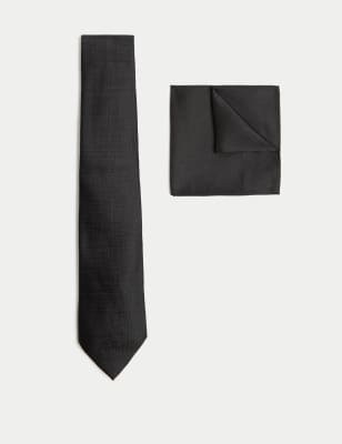 

M&S Collection Conjunto de pañuelo de bolsillo y corbata 100% seda texturizadoMens - Negro, Negro