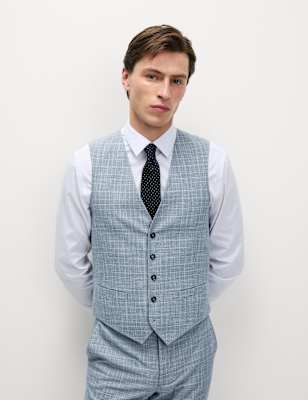 

Mens M&S Collection Slim Fit Check Waistcoat, Light Blue