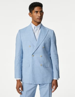 

Mens M&S Collection Tailored Fit Linen Rich Double Breasted Suit Jacket - Light Blue, Light Blue