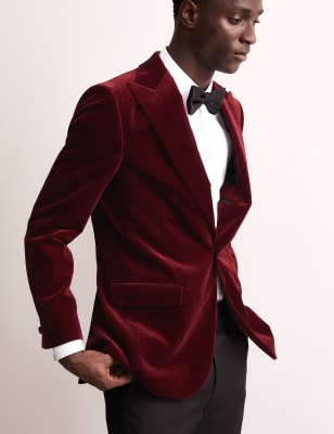 

JAEGER Mens Tailored Fit Cotton Velvet Blazer - Dark Burgundy, Dark Burgundy