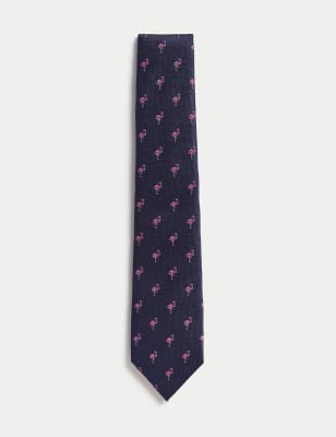 

Mens M&S Collection Flamingo Print Pure Silk Tie - Navy, Navy