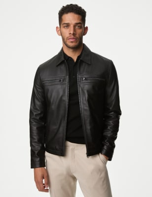 

Mens Autograph Leather Harrington Jacket - Black, Black
